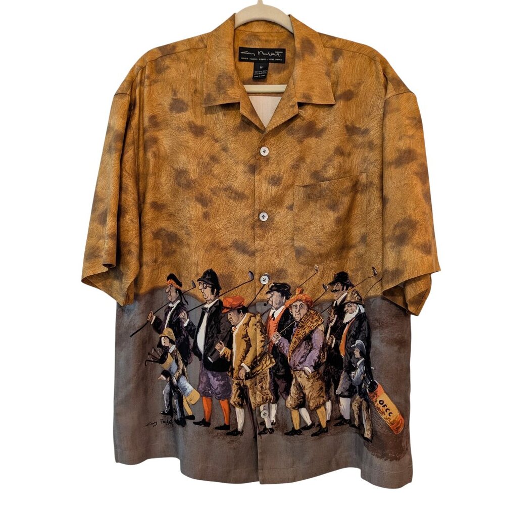 Guy Buffet Mens Size M Golf Theme Print 100% Silk Short Sleeve Button Up Shirt